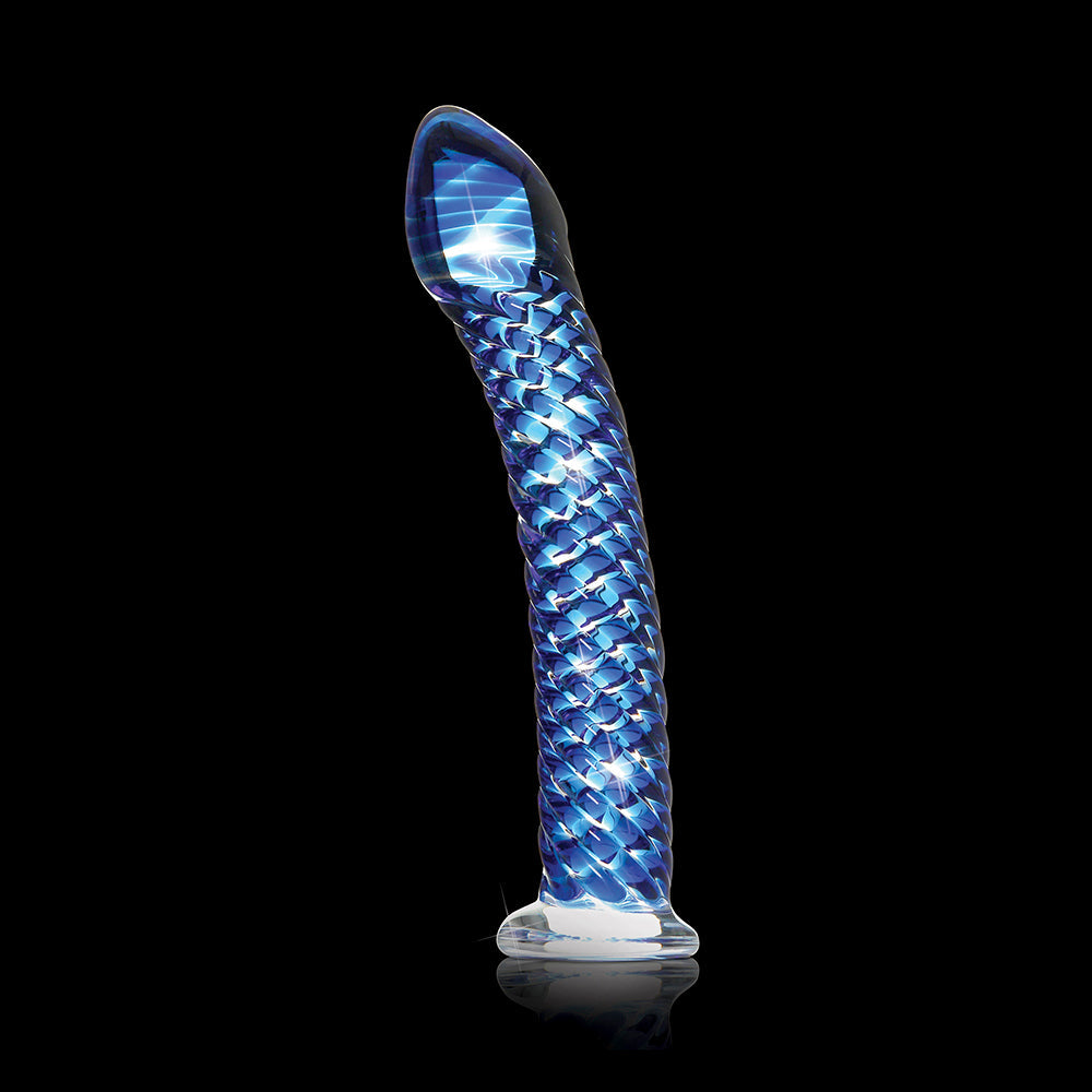 ICICLES NO. 29 CURVED TEXTURED 7.25 IN. GLASS DILDO BLUE