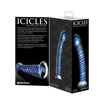 ICICLES NO. 29 CURVED TEXTURED 7.25 IN. GLASS DILDO BLUE