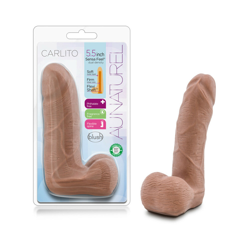 AU NATUREL CARLITO 5 IN. POSABLE DUAL DENSITY DILDO WITH BALLS TAN