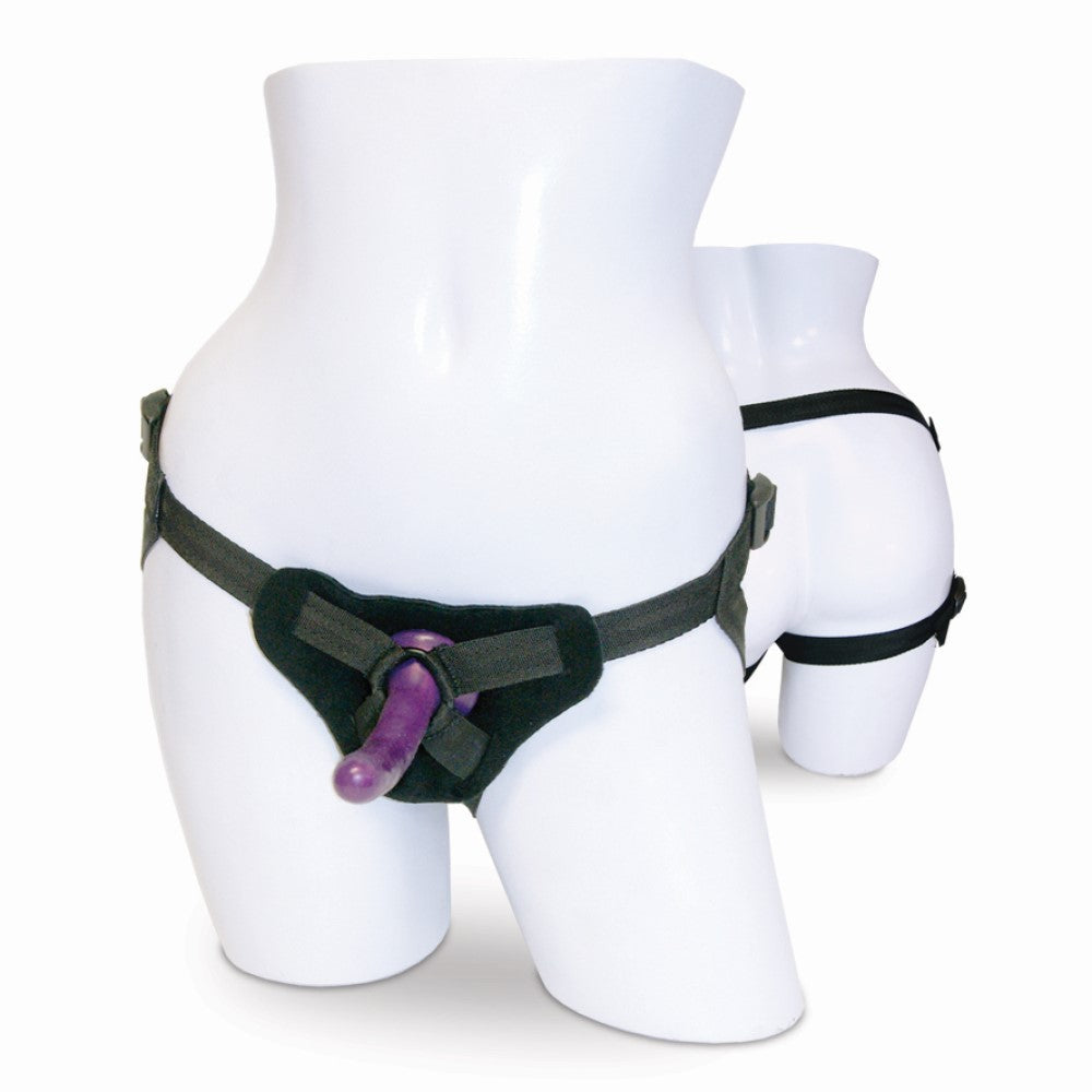 SPORTSHEETS - KIT DE ARNÉS AJUSTABLE Y DILDO DE SILICONA SEX & MISCHIEF MORADO/NEGRO