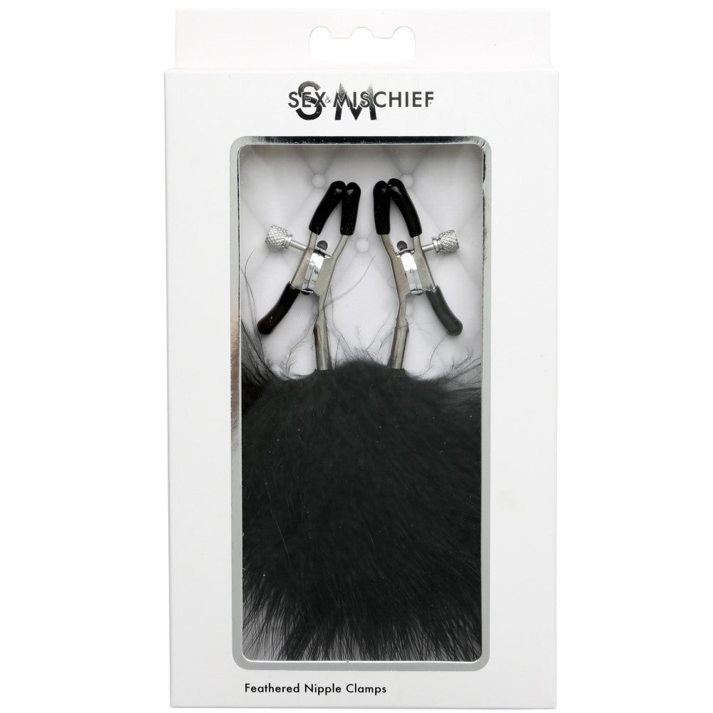 SPORTSHEETS - SEX & MISCHIEF ADJUSTABLE FEATHERED NIPPLE CLAMPS BLACK