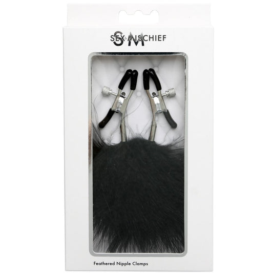 SPORTSHEETS SEX & MISCHIEF ADJUSTABLE FEATHERED NIPPLE CLAMPS BLACK