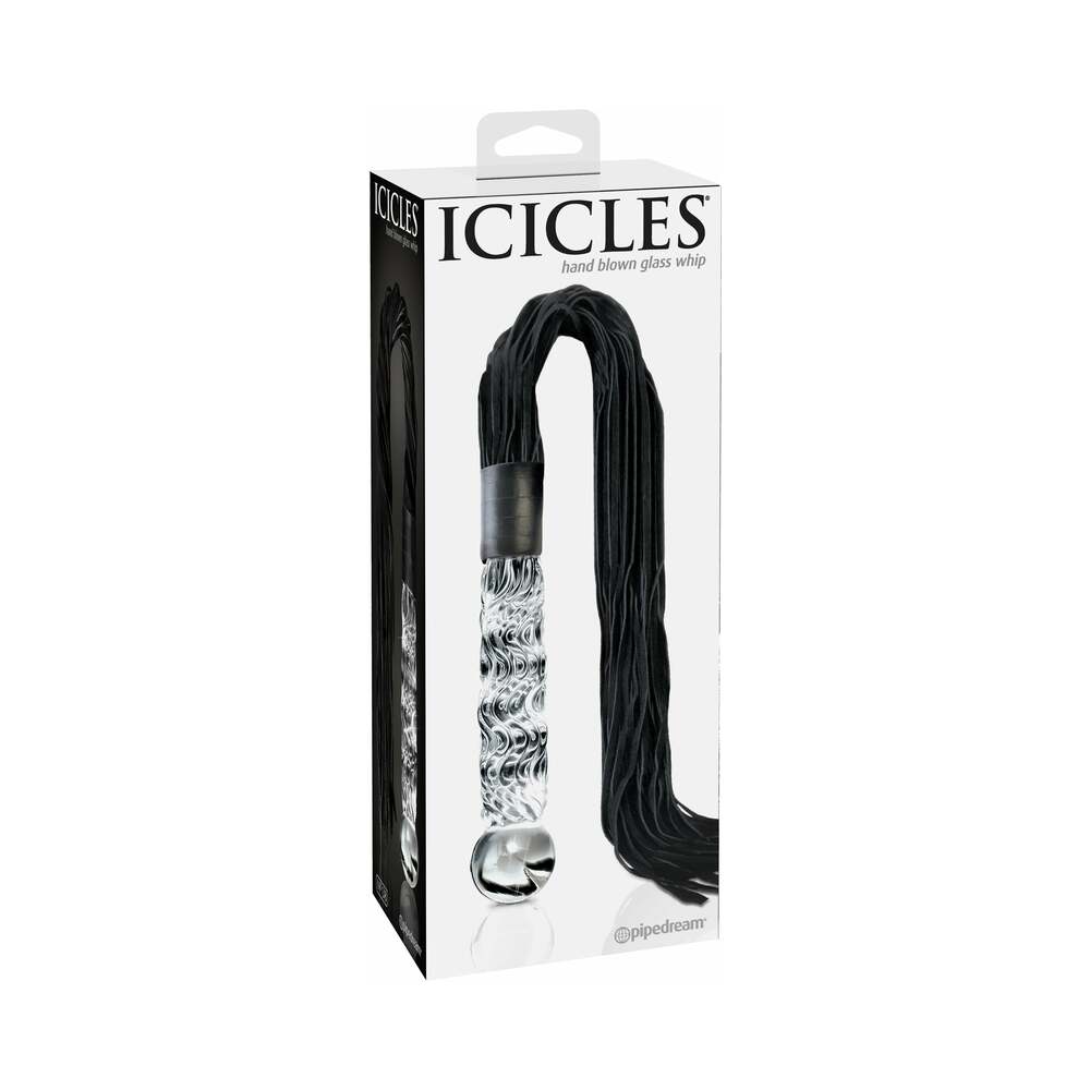 ICICLES NO. 38 LEATHER FLOGGER WITH GLASS HANDLE CLEAR/BLACK