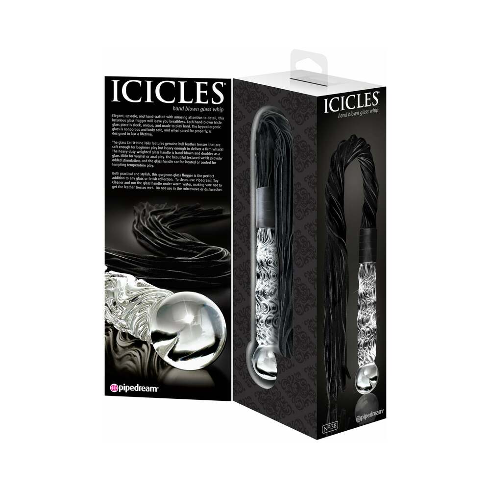 ICICLES NO. 38 LEATHER FLOGGER WITH GLASS HANDLE CLEAR/BLACK