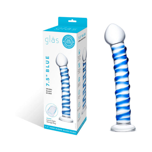 GLAS 7.5 IN. BLUE SPIRAL GLASS DILDO