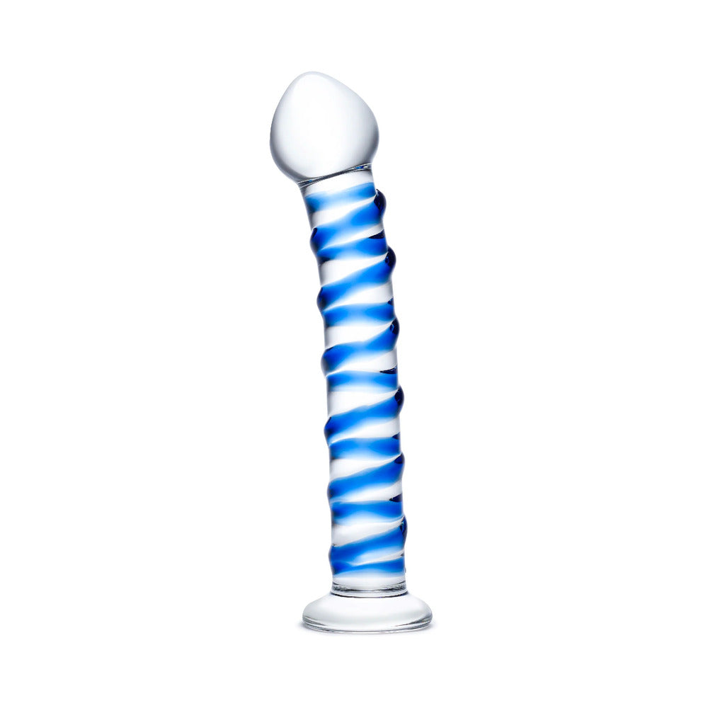 GLAS 7.5 IN. BLUE SPIRAL GLASS DILDO