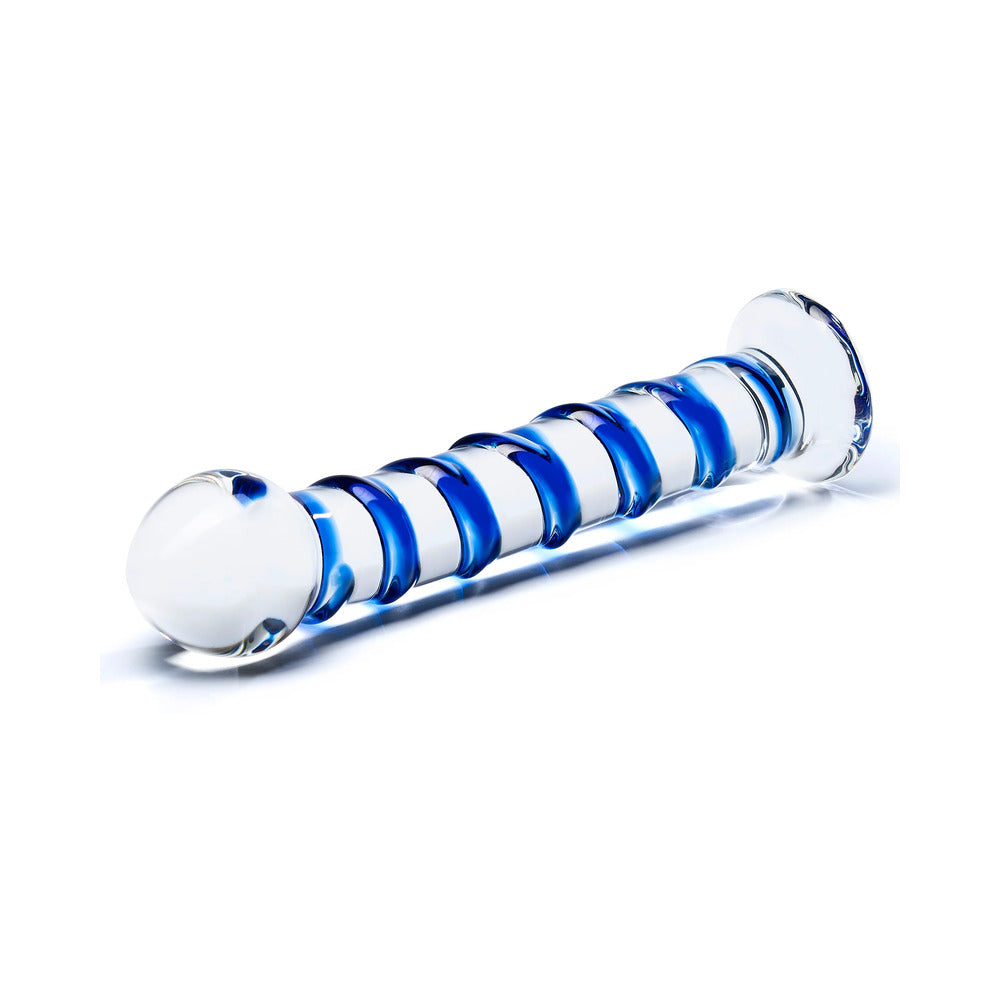 GLAS 7.5 IN. BLUE SPIRAL GLASS DILDO
