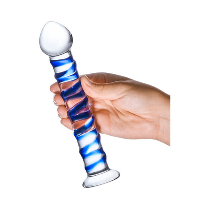 GLAS 7.5 IN. BLUE SPIRAL GLASS DILDO