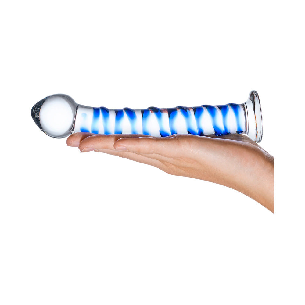 GLAS 7.5 IN. BLUE SPIRAL GLASS DILDO