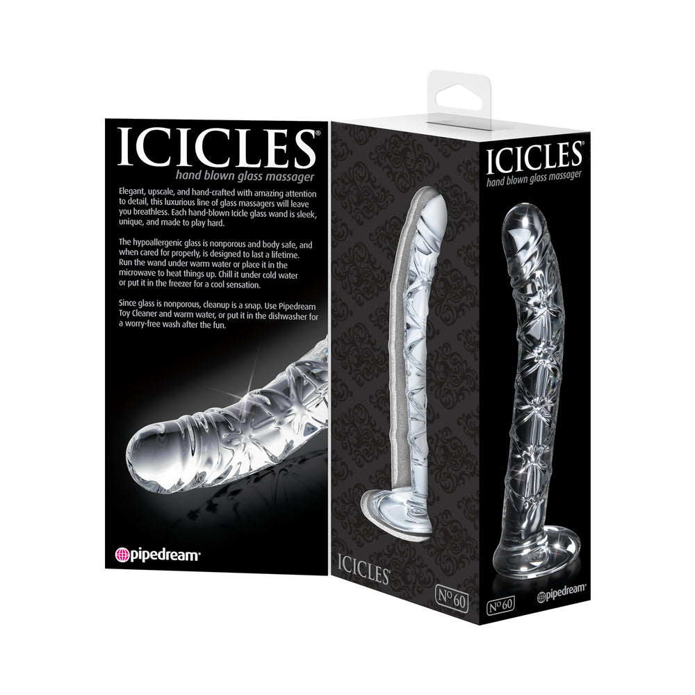 ICICLES NO. 60 CURVED RIBBED 6.5 IN. GLASS DILDO CLEAR