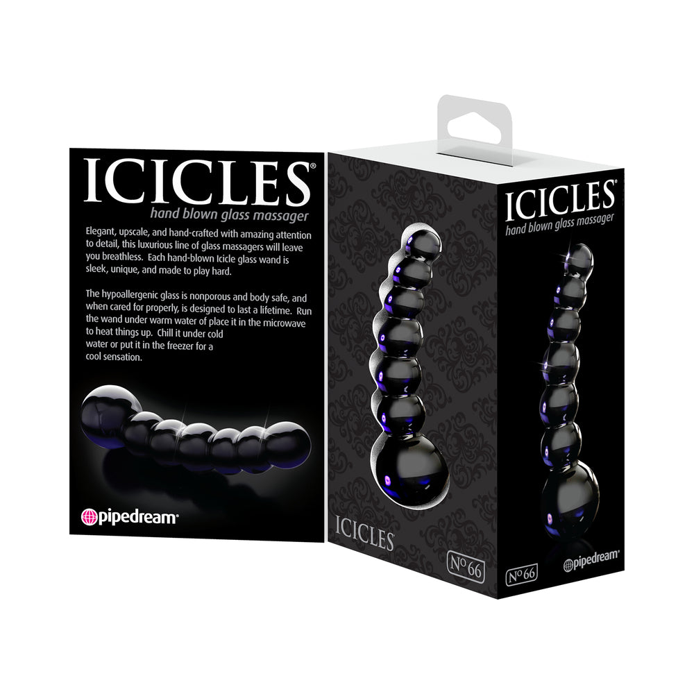 ICICLES NO. 66 CURVED BEADED 4.75 IN. GLASS DILDO BLACK
