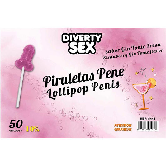 DIVERTY SEX - 50 PENIS-SHAPED LOLLIPOPS GIN TONIC-STRAWBERRY FLAVOR 10% ALCOHOL