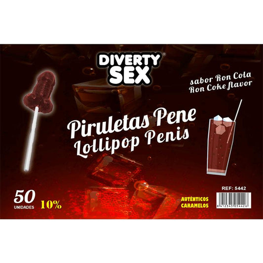 DIVERTY SEX - 50 PENIS-SHAPED LOLLIPOPS RON-COLA FLAVOR 10% ALCOHOL