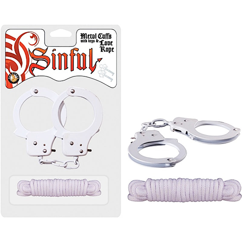NASSTOYS - SINFUL METAL CUFFS WITH KEYS & 118IN. LOVE ROPE (WHITE)