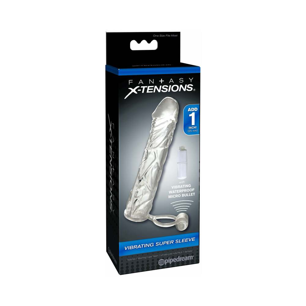 PIPEDREAM - FANTASY X-TENSIONS VIBRATING SUPER SLEEVE 1 IN. EXTENSION WITH BALL STRAP CLEAR