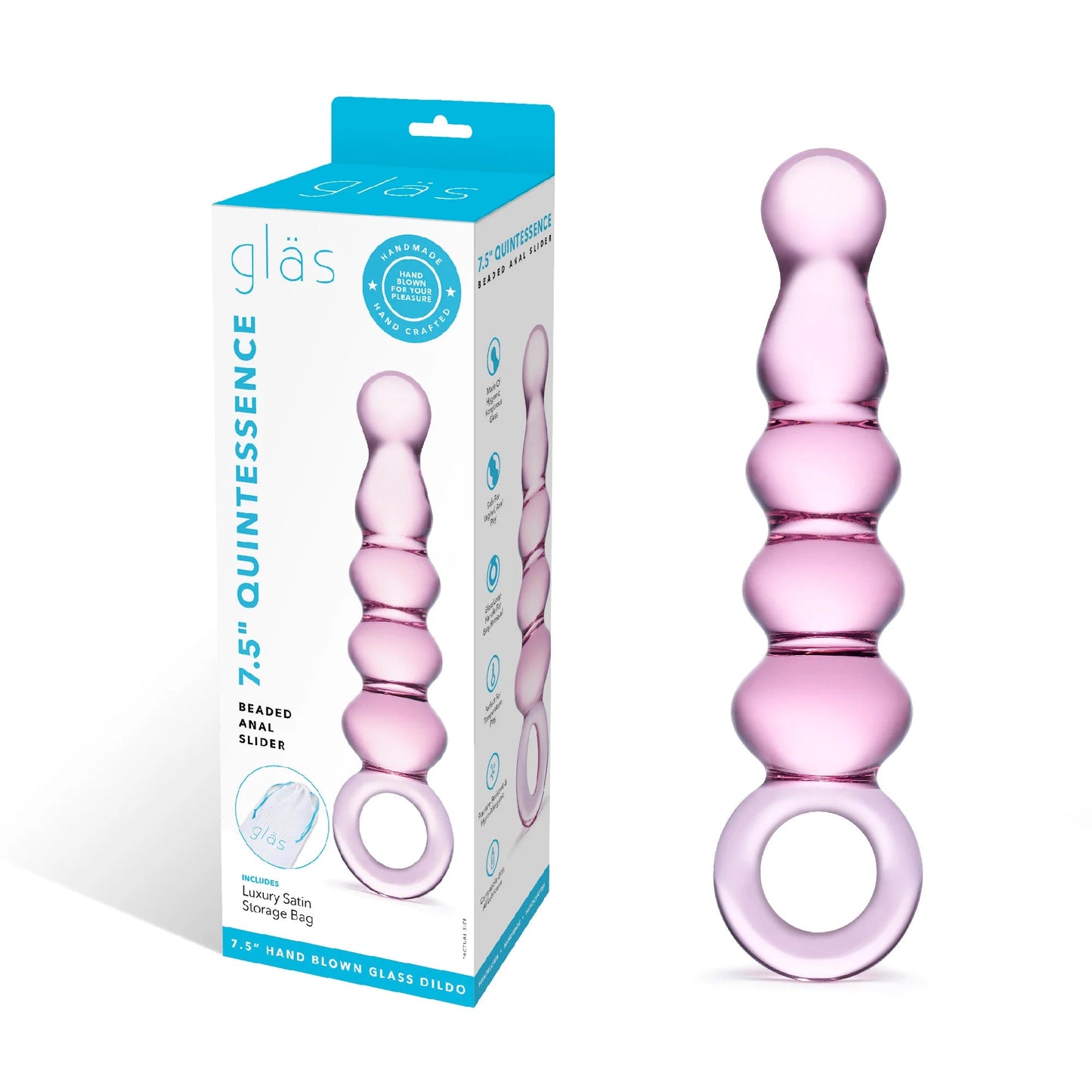 GLAS 7.5 IN. QUINTESSENCE BEADED ANAL SLIDER GLASS DILDO WITH RING HANDLE