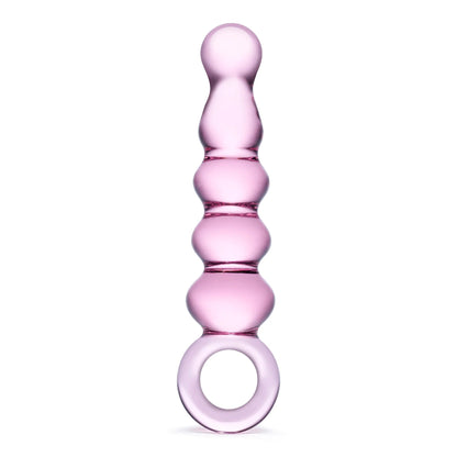 GLAS 7.5 IN. QUINTESSENCE BEADED ANAL SLIDER GLASS DILDO WITH RING HANDLE
