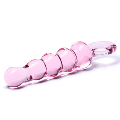 GLAS 7.5 IN. QUINTESSENCE BEADED ANAL SLIDER GLASS DILDO WITH RING HANDLE