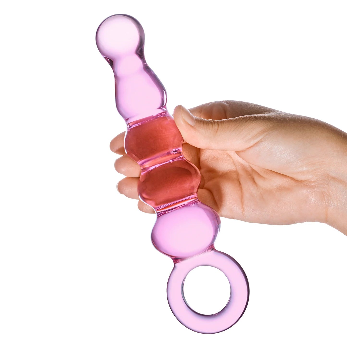 GLAS 7.5 IN. QUINTESSENCE BEADED ANAL SLIDER GLASS DILDO WITH RING HANDLE