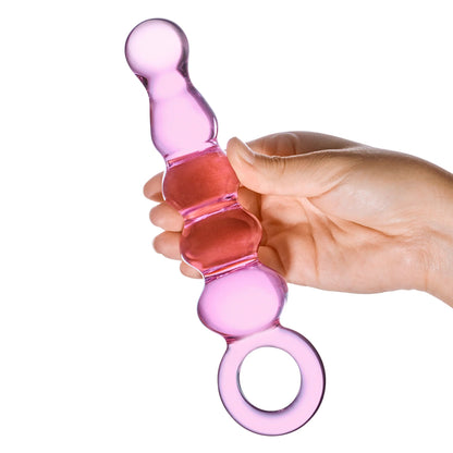 GLAS 7.5 IN. QUINTESSENCE BEADED ANAL SLIDER GLASS DILDO WITH RING HANDLE