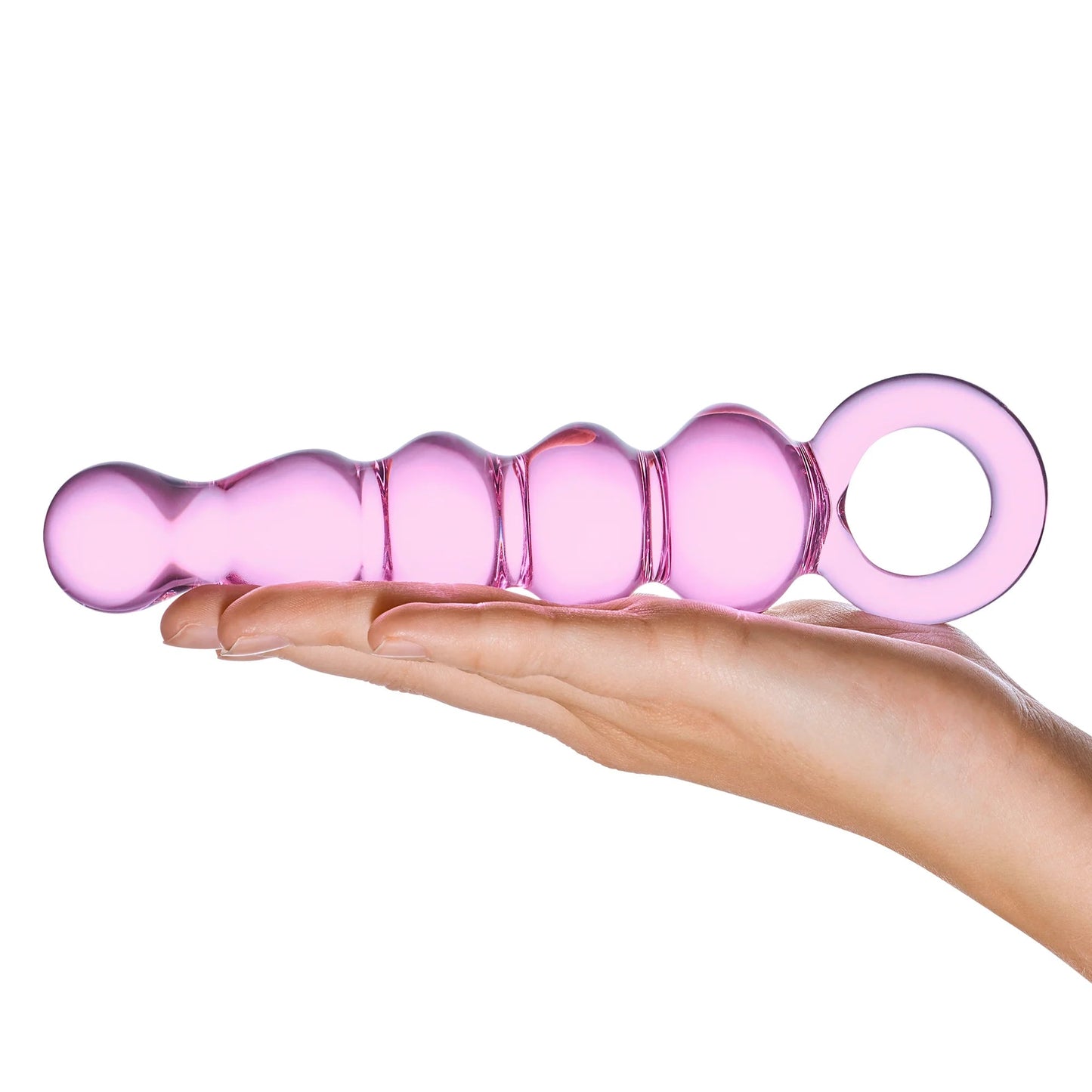 GLAS 7.5 IN. QUINTESSENCE BEADED ANAL SLIDER GLASS DILDO WITH RING HANDLE