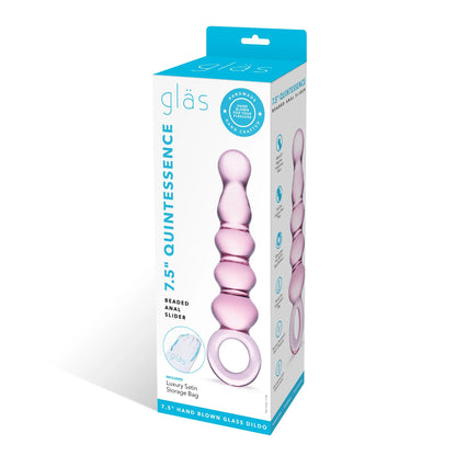 GLAS 7.5 IN. QUINTESSENCE BEADED ANAL SLIDER GLASS DILDO WITH RING HANDLE