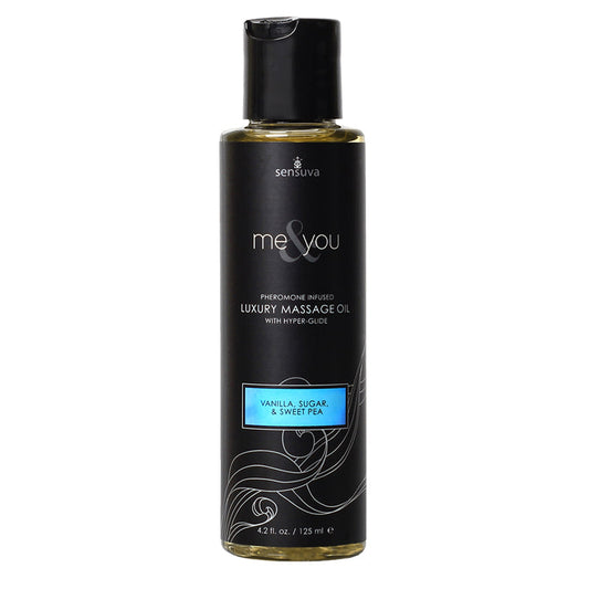 SENSUVA - ACEITE DE MASAJE DE LUJO CON FEROMONAS ME & YOU, VAINILLA, AZÚCAR Y GUISANTE DE OLOR, 4.2 OZ.