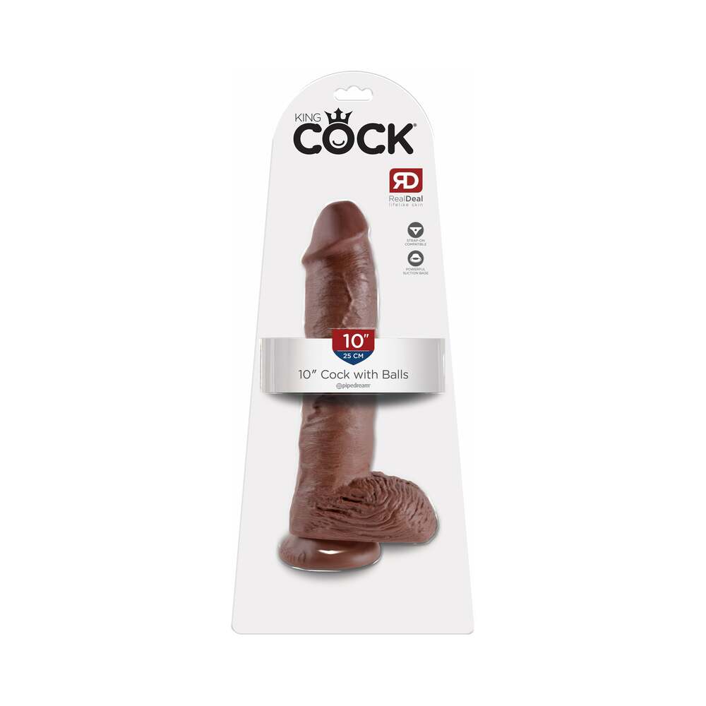 KING COCK 10 IN. COCK WITH BALLS REALISTIC SUCTION CUP DILDO BROWN