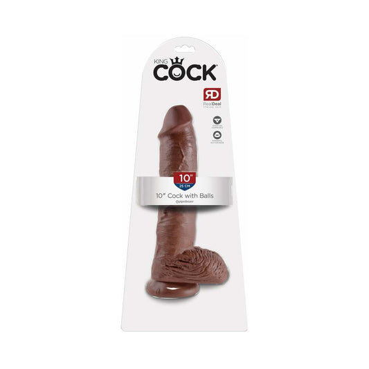 KING COCK 10 IN. COCK WITH BALLS REALISTIC SUCTION CUP DILDO BROWN