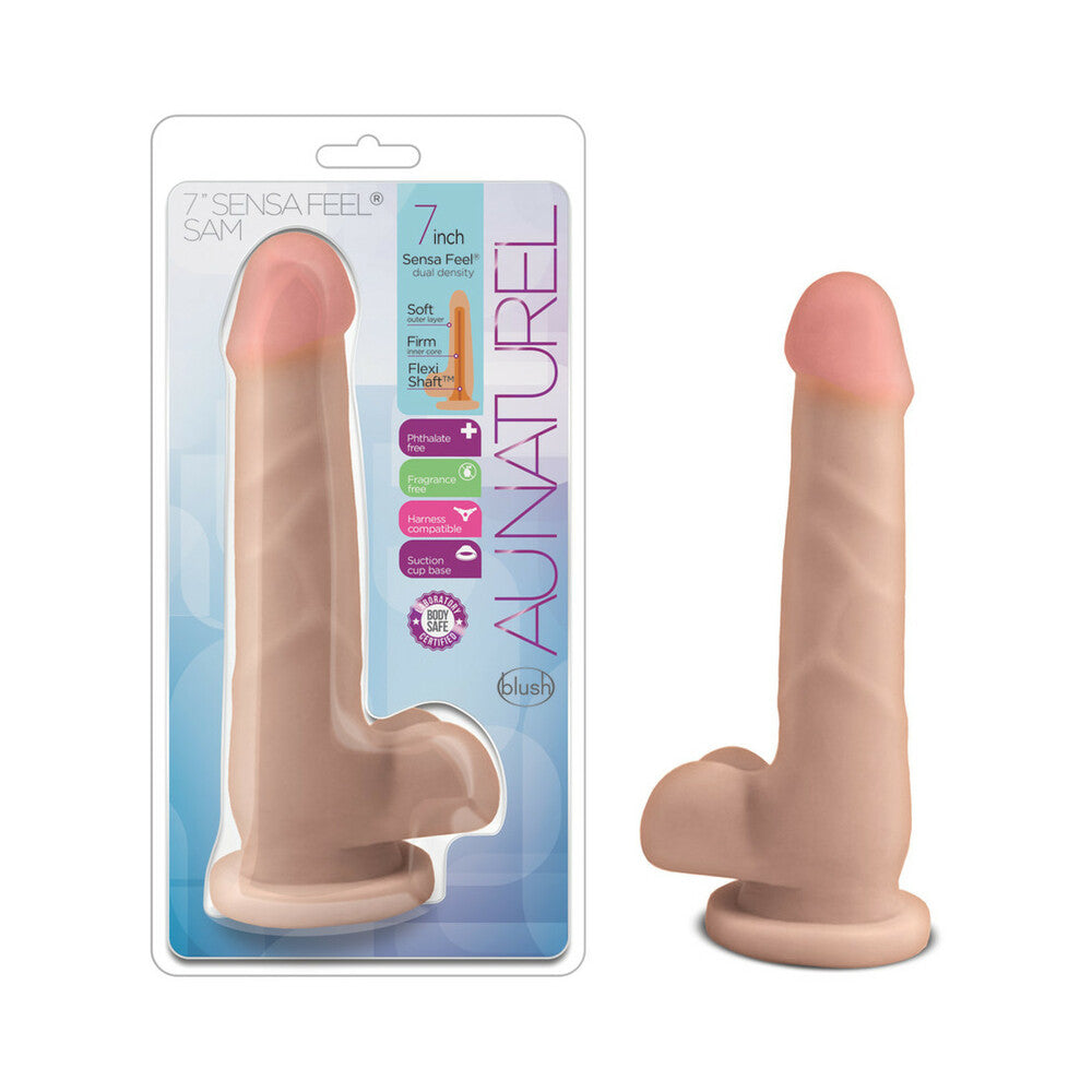 AU NATUREL 7 IN. SAM POSABLE DUAL DENSITY DILDO WITH BALLS BEIGE