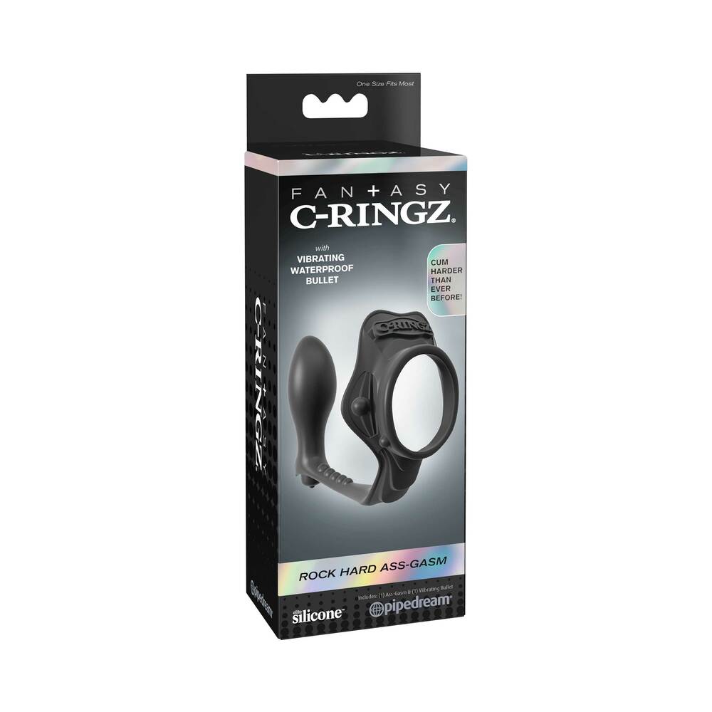 FANTASY C-RINGZ ROCK HARD ASS-GASM VIBRATING SILICONE COCKRING WITH ANAL PLUG BLACK