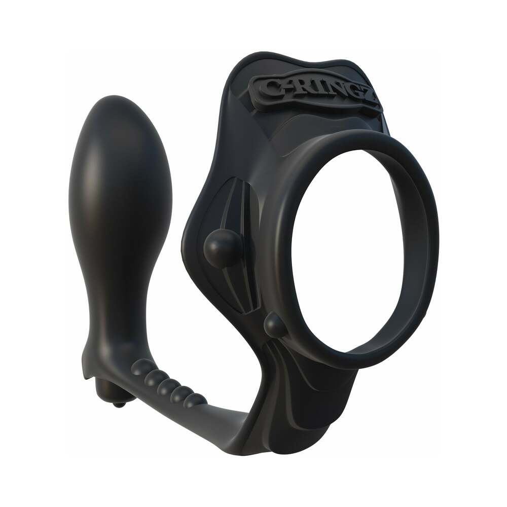 FANTASY C-RINGZ ROCK HARD ASS-GASM VIBRATING SILICONE COCKRING WITH ANAL PLUG BLACK