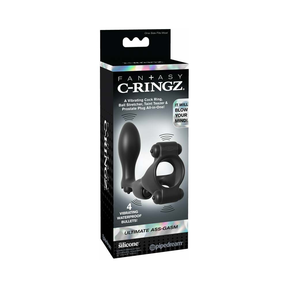 FANTASY C-RINGZ ULTIMATE ASS-GASM VIBRATING SILICONE COCKRING WITH ANAL PLUG BLACK