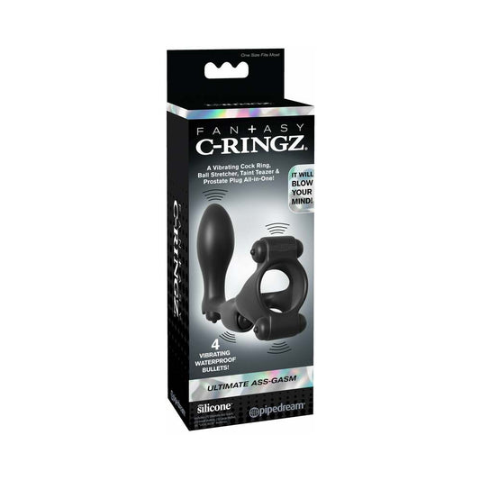 FANTASY C-RINGZ ULTIMATE ASS-GASM VIBRATING SILICONE COCKRING WITH ANAL PLUG BLACK