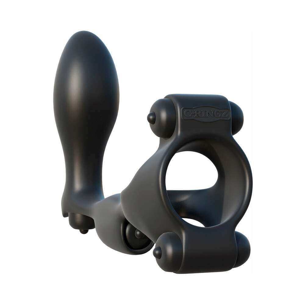 FANTASY C-RINGZ ULTIMATE ASS-GASM VIBRATING SILICONE COCKRING WITH ANAL PLUG BLACK
