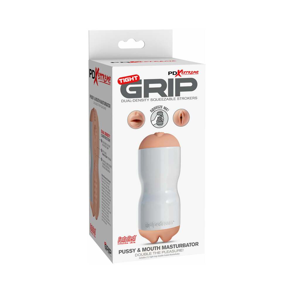 PDX TIGHT GRIP PUSSY & MOUTH DUAL DENSITY SQUEEZABLE MASTURBATOR BEIGE/WHITE