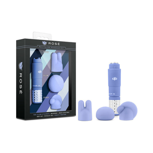 ROSE REVITALIZE MASSAGE KIT WITH MINI VIBRATOR & 3 SILICONE ATTACHMENTS PERIWINKLE