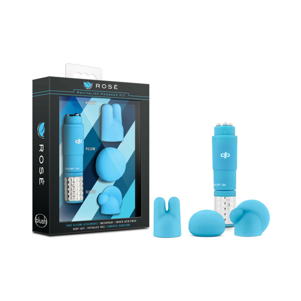 ROSE REVITALIZE MASSAGE KIT WITH MINI VIBRATOR & 3 SILICONE ATTACHMENTS BLUE