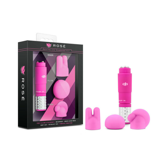 BLUSH - ROSE REVITALIZE MASSAGE KIT WITH MINI VIBRATOR & 3 SILICONE ATTACHMENTS PINK