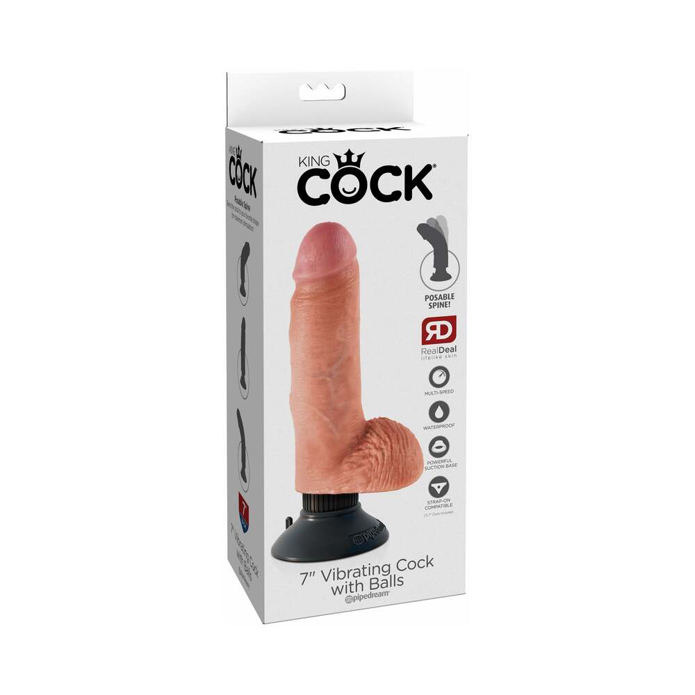 PIPEDREAM - KING COCK 7 IN. VIBRATING COCK WITH BALLS POSEABLE SUCTION CUP DILDO BEIGE