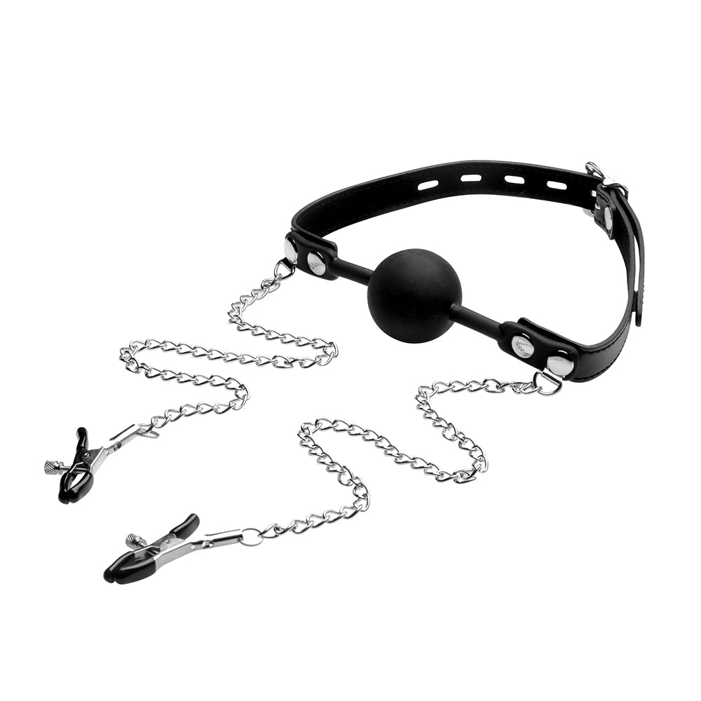 STRICT SILICONE BALL GAG WITH NIPPLE CLAMPS