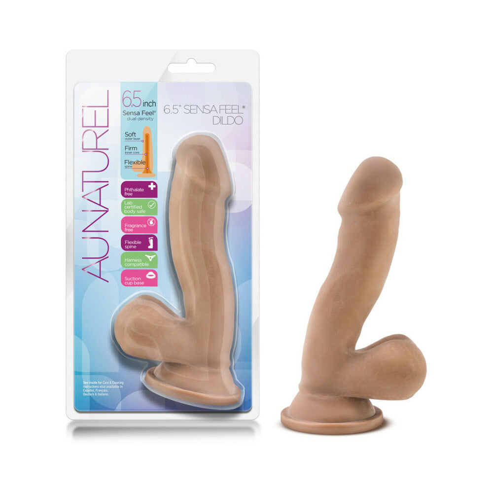AU NATUREL 6.5 IN. POSABLE DUAL DENSITY DILDO WITH BALLS TAN