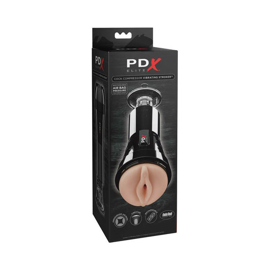 PDX ELITE COCK COMPRESSOR RECHARGEABLE VIBRATING STROKER WITH HANDS-FREE SUCTION CUP BEIGE/BLACK