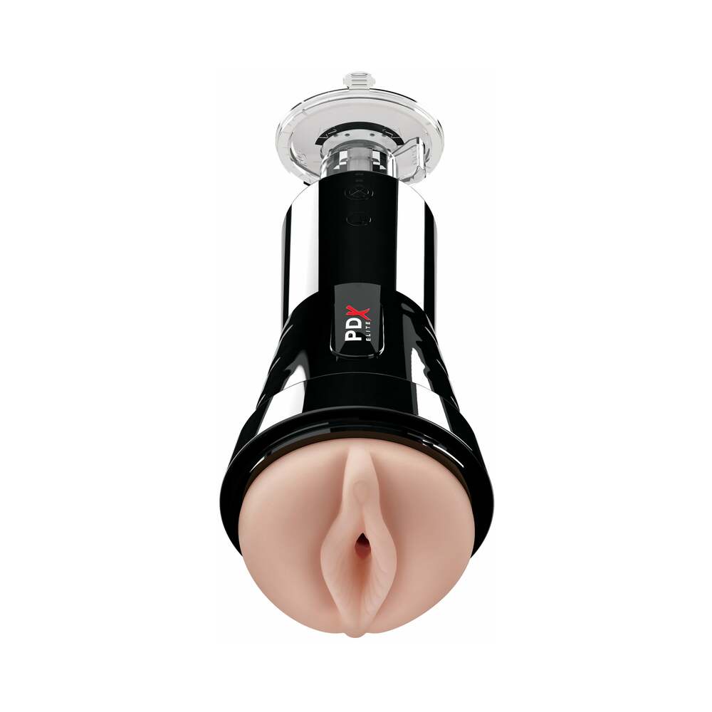 PDX ELITE COCK COMPRESSOR RECHARGEABLE VIBRATING STROKER WITH HANDS-FREE SUCTION CUP BEIGE/BLACK
