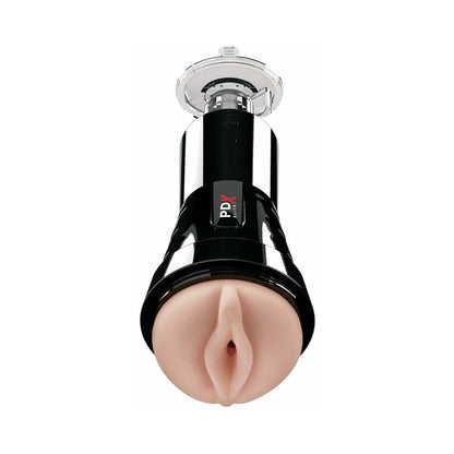 PDX ELITE COCK COMPRESSOR RECHARGEABLE VIBRATING STROKER WITH HANDS-FREE SUCTION CUP BEIGE/BLACK
