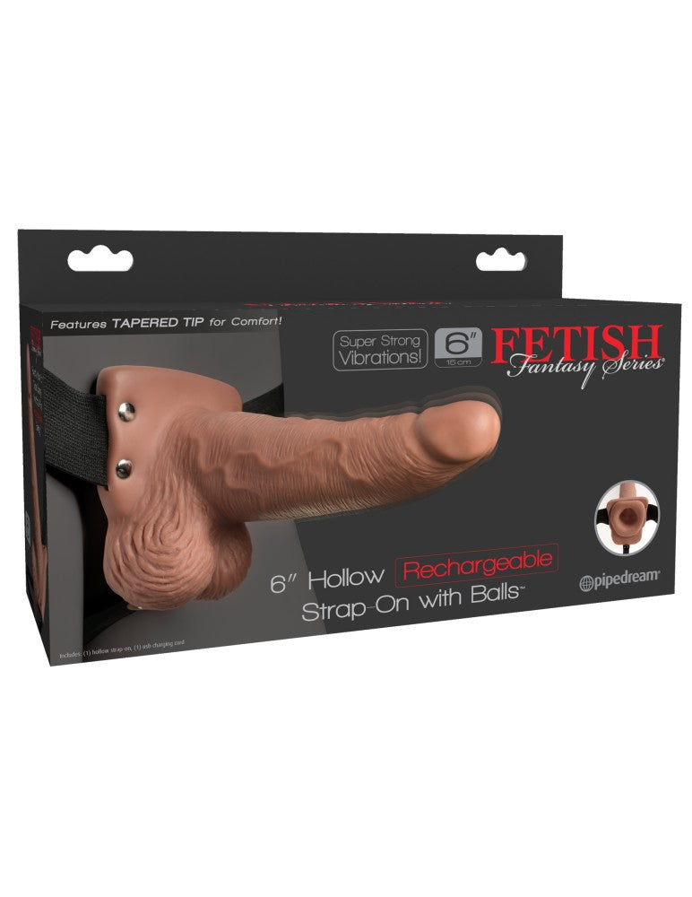 PIPEDREAM - FETISH FANTASY SERIES - 6" HOLLOW RECHARGEABLE STRAP-ON WITH BALLS TAN