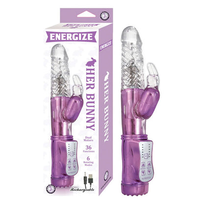 ENERGIZE HER BUNNY 1 36 FUNCTION 6 ROTATING MODES DUAL MOTOR USB RECHARGEABLE PURPLE