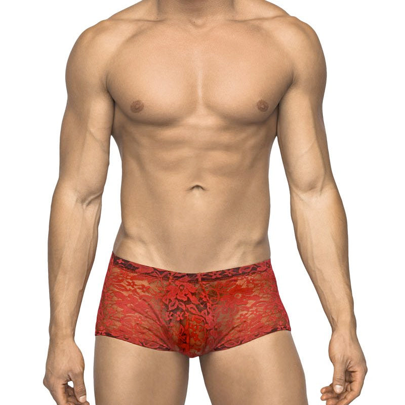 MALE POWER - STRETCH LACE MINI SHORT RED MEDIUM