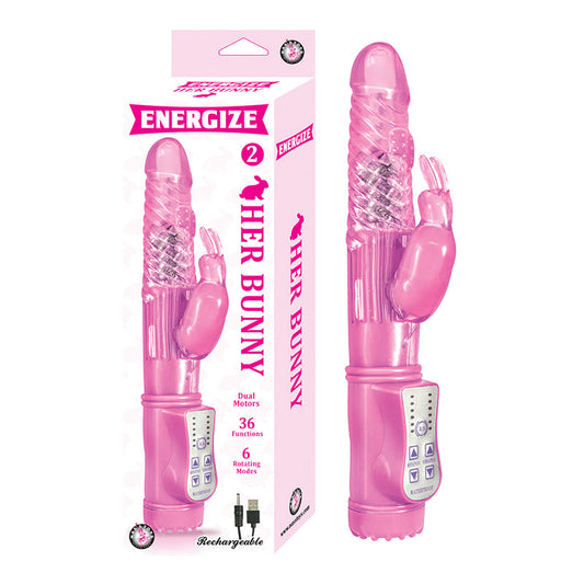 ENERGIZE HER BUNNY 2 RECHARGEABLE DUAL MOTORS 36 FUNCTION 6 ROTATION MODES WATERPROOF  PINK