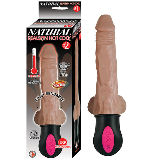 NATURAL REALSKIN HOT COCK #2 FULLY BENDABLE 12 FUNCTION USB CORD INCLUDED WATERPROOF BROWN